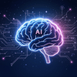 Illustration of a glowing digital brain labeled AI, symbolizing how artificial intelligence is transforming human life and technology in the modern world."