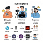 Illustration of top AI dubbing and voiceover tools of 2025 with devices and multilingual interface