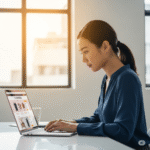 Person working on a laptop while managing an online e-commerce store from home