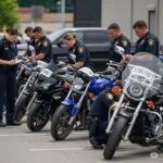 Police officers in Sargodha display recovered motorcycles after arresting two suspected thieves.