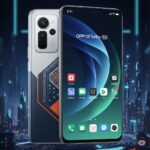 OPPO K13 Turbo 5G smartphone showing front and back design with futuristic city background
