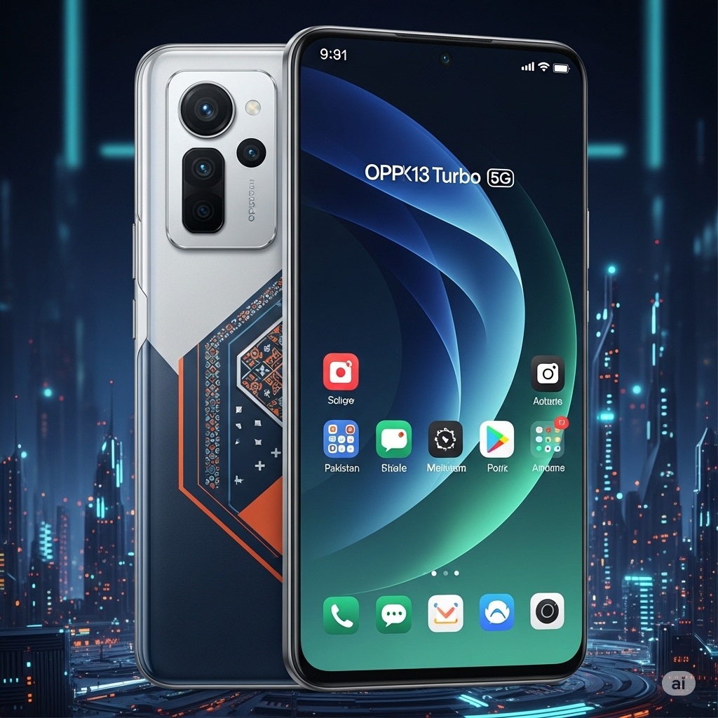 OPPO K13 Turbo 5G smartphone showing front and back design with futuristic city background